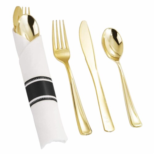 Gold Plastic Cutlery White Napkin Rolls Set - Napkins, Forks, Knives, Spoons (100 Guests) Perspective: front