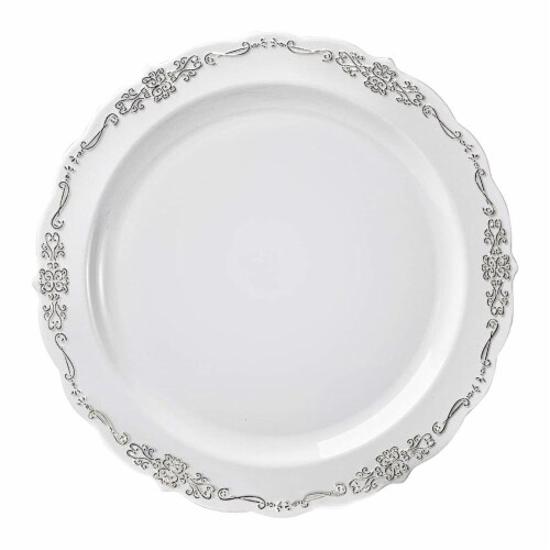 10 White with Silver Vintage Rim Round Disposable Plastic Dinner Plates ...