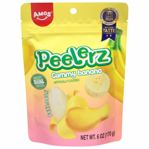 Amos® Peelerz™ Banana Gummy Candy Bag Perspective: front