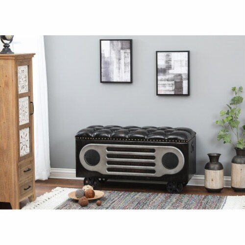 LuxenHome Upholstered Faux Leather Ottoman Brown Wood Trunk Perspective: front