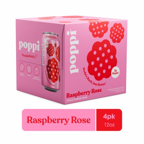 Poppi Raspberry Rose Prebiotic Soda Cans Perspective: front