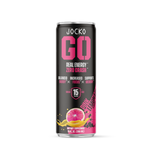 Jocko GO Pink Lemonade Energy Drink Can Perspective: front