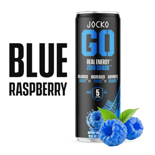 Jocko GO Blue Raspberry Energy Drink Can Perspective: front