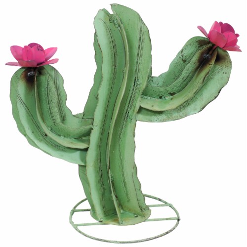 Sunnydaze Saguaro Cactus Metal Statue with Pink Flowers - 15-Inch, 1 ...