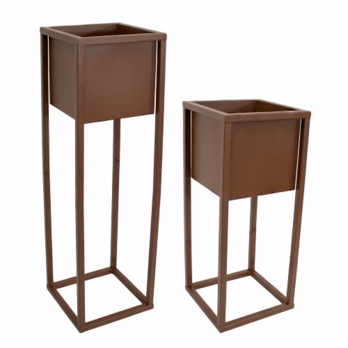 Sunnydaze Modern Simplicity 8.25 Square Planters - 19.75 H and 27 H - Brown Perspective: front