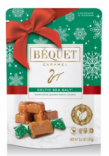 Bequet® Celtic Sea Salt® Caramels Holiday Candy Pouch Perspective: front
