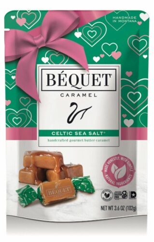 Bequet Confections Gourmet Celtic Sea Salt Caramel Valentine's Candy Perspective: front