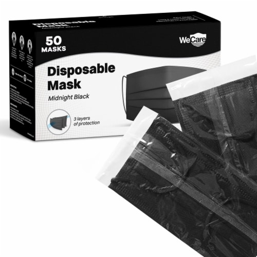 WeCare  Individually Wrapped Disposable Face Masks, 50 Pack, Black Perspective: front