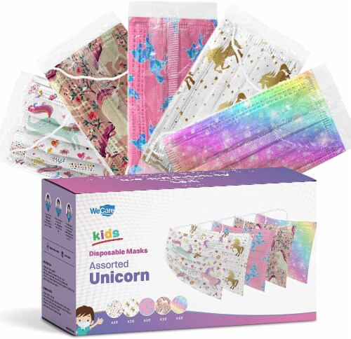 WeCare Individually Wrapped Kids Face Masks, Pack of 50, Assorted Unicorn Perspective: front