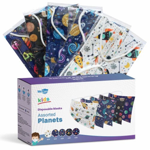 WeCare Individually Wrapped Kids Face Masks, Pack of 50, Assorted Galaxy Tones Perspective: front