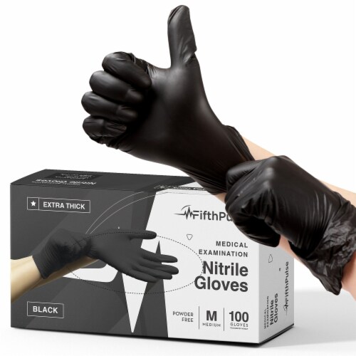 FifthPulse Extra-Thick Disposable Nitrile Medical Gloves, Black, 100 Count - 4.5ML Thickness Perspective: front
