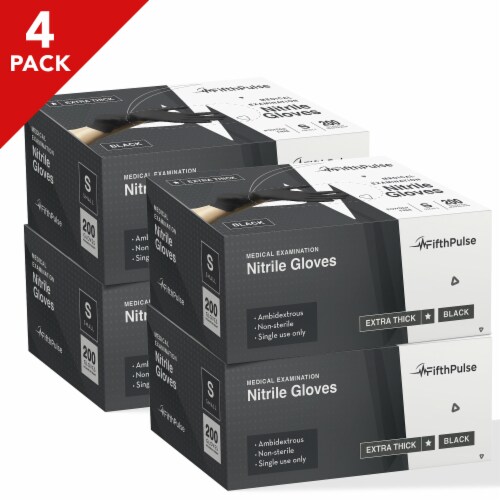 FifthPulse Extra-Thick Disposable Nitrile Medical Exam Gloves, Black - 4 Boxes of 200 Count Perspective: front