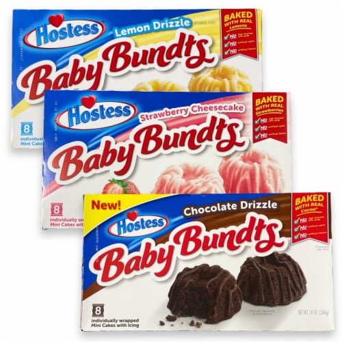 Ultimate Baby Bundts Variety Pack by Hostess | Lemon Drizzle, Strawberry Cheesecake, Cinnamon Perspective: front