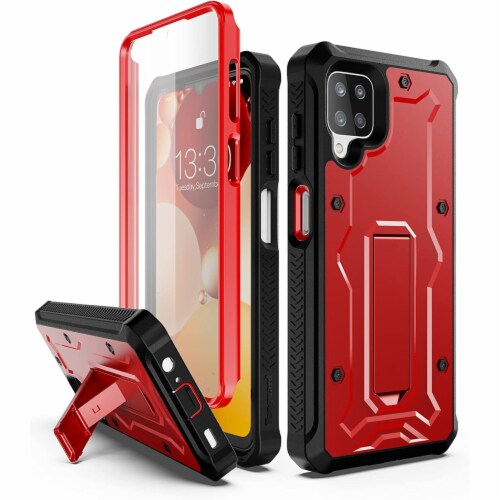 V Case for Samsugn Galaxy A12 with Built-in Screen Protector & Kickstand- Red Perspective: front