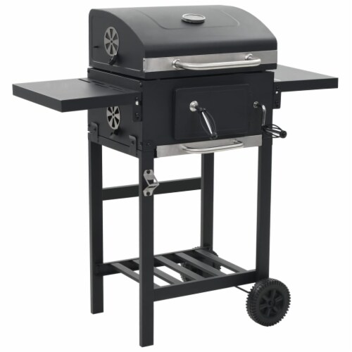 vidaXL Charcoal-Fueled BBQ Grill with Bottom Shelf Black Perspective: front