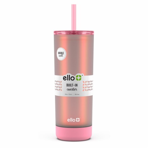 Ello® Thermal Cup with Built-In Coaster- Pink Perspective: front