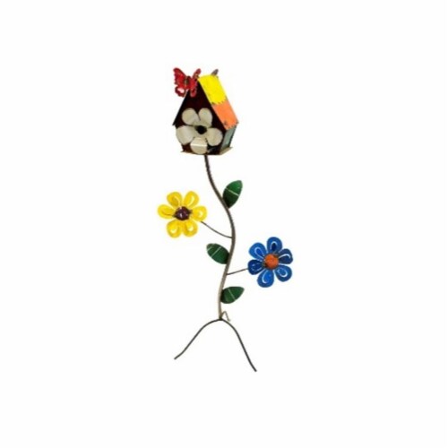 Blue Orange Pottery Flower Birdhouse Garden Decor Perspective: front