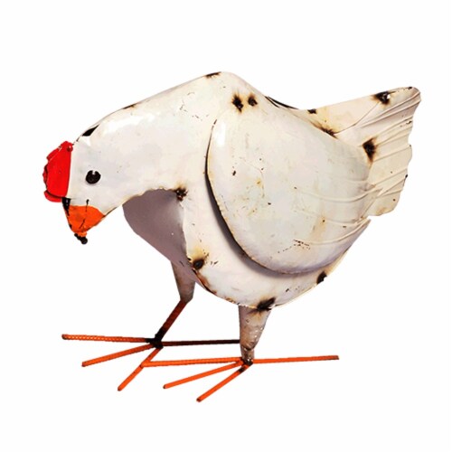 Blue Orange Pottery Metal Hen Garden Decor Perspective: front