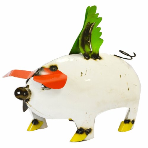Blue Orange Pottery Metal Pig Garden Decor Perspective: front