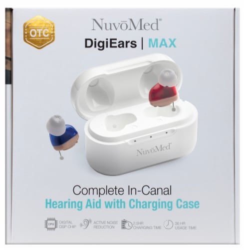 NuvoMed® DigiEars Max Complete In-Canal Hearing Aid with Charging Case Perspective: front