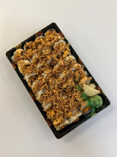Spicy Crunchy Salmon Roll Sushi Perspective: front