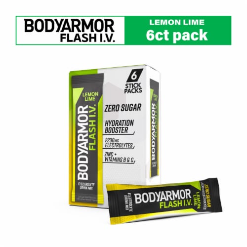 BodyArmor Flash IV Zero Sugar Electrolyte Lemon Lime Drink Mix Packets Perspective: front