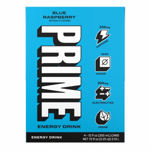 Prime Blue Raspberry Zero Sugar Energy Drink Cans Perspective: front