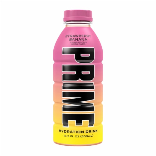 Prime Hydration Strawberry Banana Sports Drink Single Bottle Perspective: front