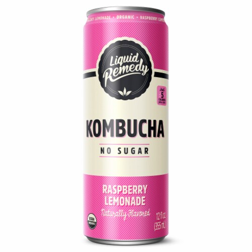 Liquid Remedy Organic No Sugar Raspberry Lemonade Kombucha Drink Can Perspective: front
