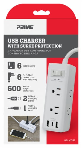 Prime® USB Charger With Surge Protection - White Perspective: front