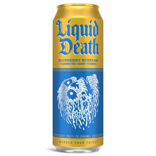Liquid Death, Blueberry Buzzsaw Iced Tea, Blueberry Flavored Black Tea Perspective: front