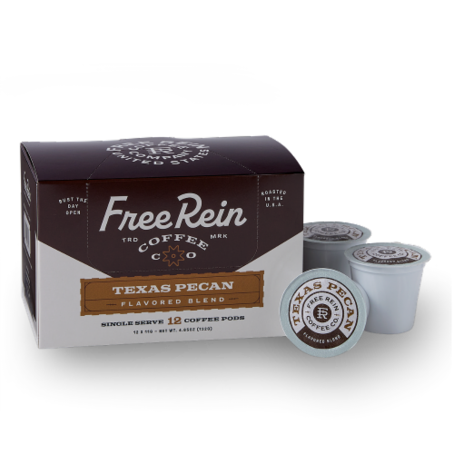 Free Rein™ Flavored Roast Texas Pecan Coffee Pods Box Perspective: front