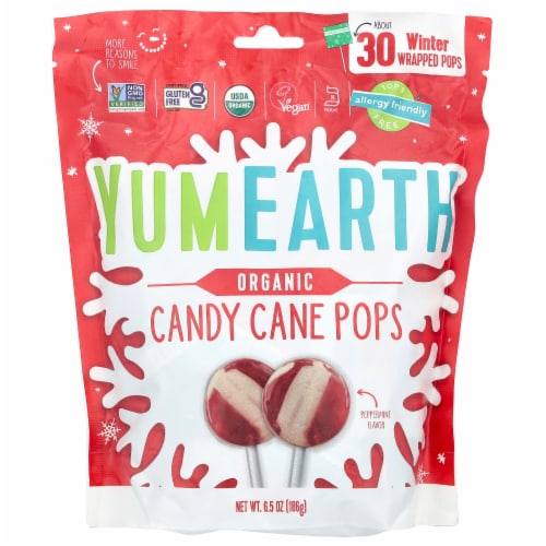 YumEarth Organic Peppermint Candy Cane Winter Wrapped Lollipop Candy Perspective: front