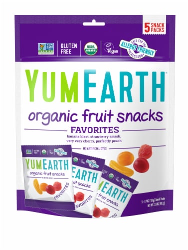 Yum Earth Organic Banana Cherry Peach & Strawberry Fruit Snacks Perspective: front