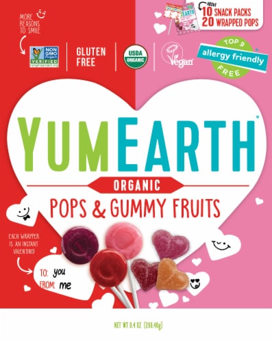 Yum Earth Organic Valentine Pops & Gummy Fruits Perspective: front