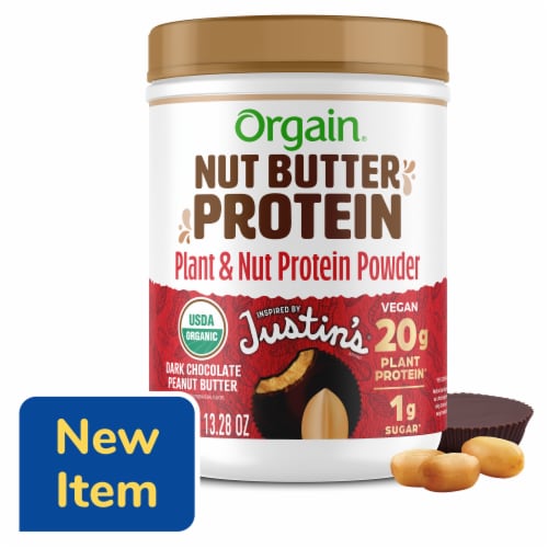 Orgain X JUSTIN’S® Organic Plant & Nut Butter 20g Vegan Protein Powder, Dark Chocolate Peanut Butter Perspective: front
