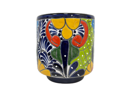 Blue Orange Pottery Tall Talavera Cylinder Planter Perspective: front