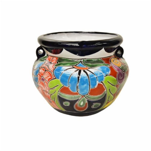 Blue Orange Pottery Talavera Bean Pot Perspective: front