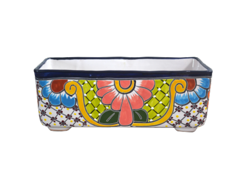 Blue Orange Pottery Rectangular Talavera Planter Perspective: front