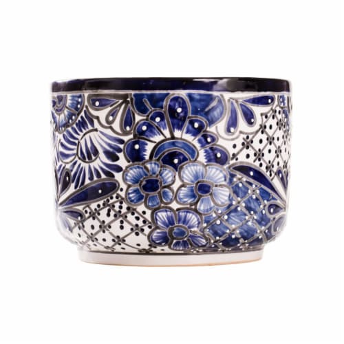 Blue Orange Pottery Low Cylinder Planter - Blue / White Perspective: front