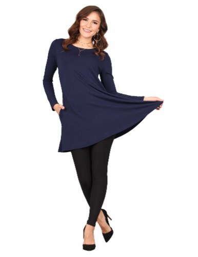 Lildy Solid Pocket Swing Tunic - Navy Perspective: front