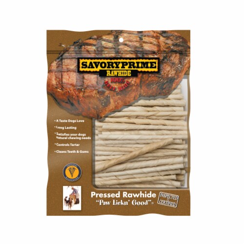 Savory Prime Rawhide Beef Hide Twist Sticks Dog Treats Perspective: front