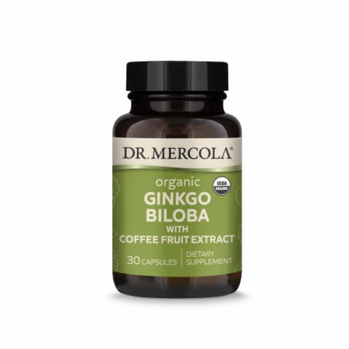 Dr. Mercola® Organic Ginkgo Biloba with Coffee Fruit Extract Capsules Perspective: front