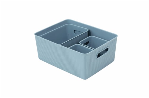 Superio Brand Set of 4 Ribbed Bins 1x15L, 1x5L, 2x1.5L, Stone Blue Perspective: front