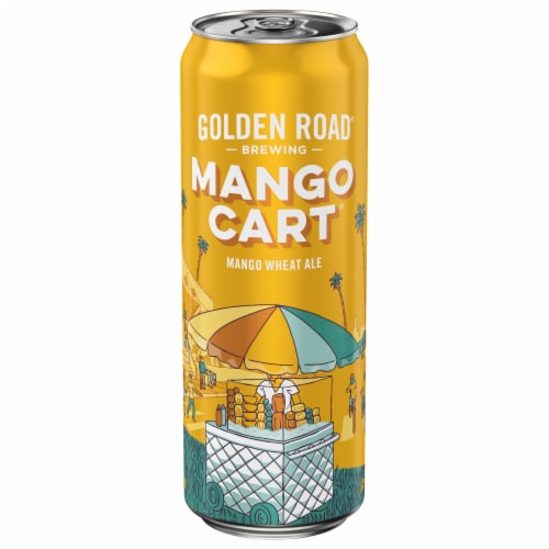 Golden Road Mango Cart Wheat Ale Beer Perspective: front
