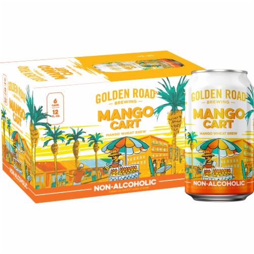 Golden Road Brewing Mango Cart Non-Alcoholic Wheat Brew Perspective: front