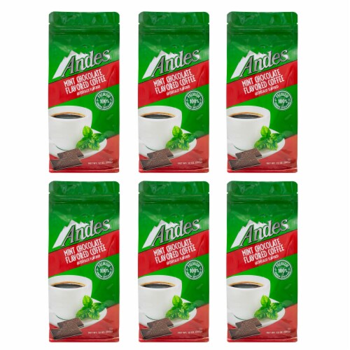 Andes Chocolate Mint Flavored, Medium Roast, Ground Coffee , Six bags - 12 ounces each Perspective: front