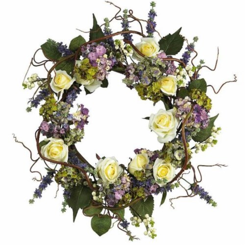 Nearly Natural 4673 24 Inch Hydrangea Rose Wreath Perspective: front