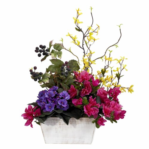 Nearly Natural 1270 Mixed Floral with Azalea and White Wash Planter Silk Arrangement Perspective: front