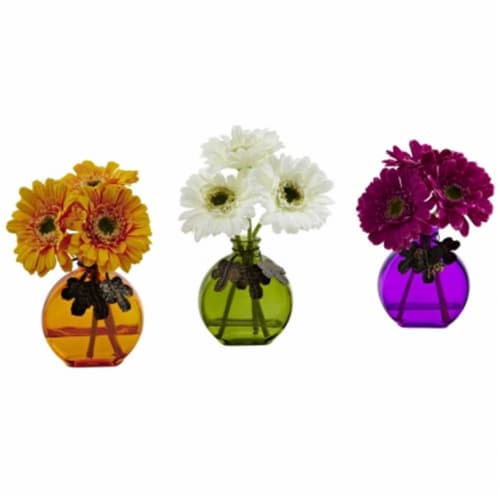 Nearly Natural 4825-S3 Gerber Daisy With Colored Vase - Set of 3 Perspective: front